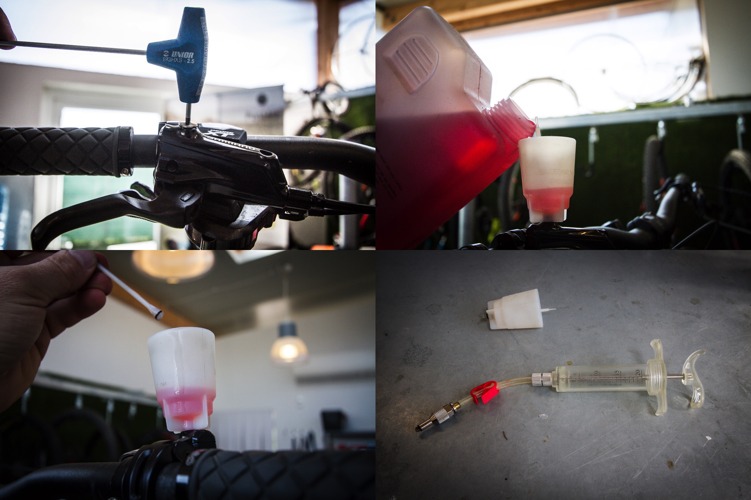 First we elevate the brake lever, then we use the special bleed cup and fill it half full, then allow the air to bubble up from the brake lever. The syringe pictured is for other brake systems. 