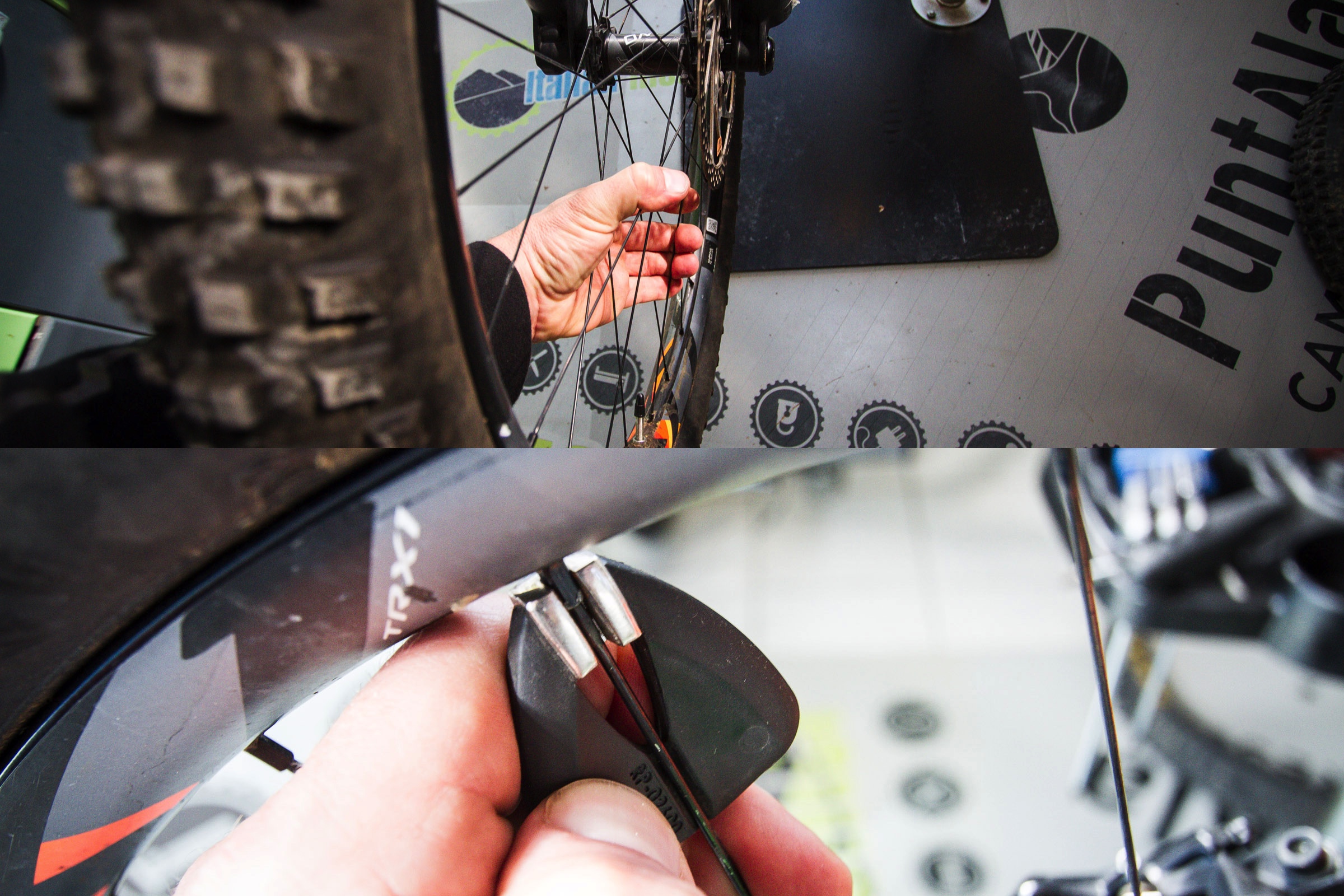 On each wheel grab a handful of spokes to check they are all without play and tensioned correctly, if loose tighten them a bit to make sure your wheel stays true no matter what you ride over.